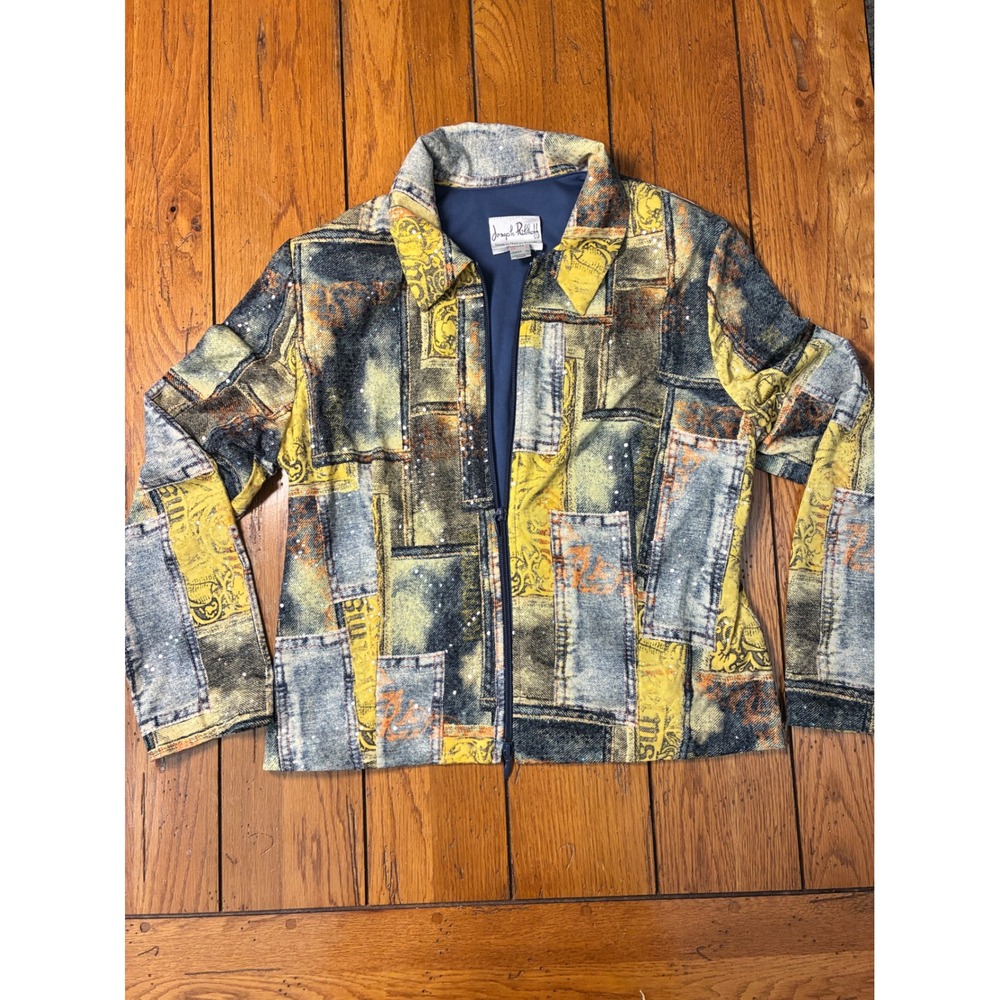 Joseph Ribkoff Sequin Patchwork Denim Print Zip Jacket Yellow Blue Womens 14